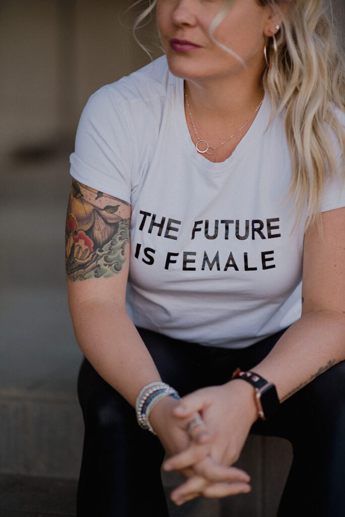 alexandra stevensen the laughing survivor wears a tshirt that says the future is female and celebrates all the praise and publicity her speaking engagements bring